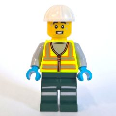 Minifigurka LEGO Train Crew, Vibrant Yellow Safety Vest, Dark Green Legs, White Hard Hat