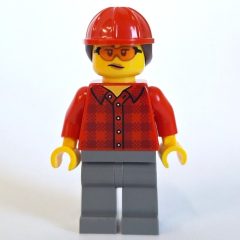 Minifigurka LEGO Train Crew, Red Plaid Shirt, Dark Bluish Gray Legs, Red Hard Hat