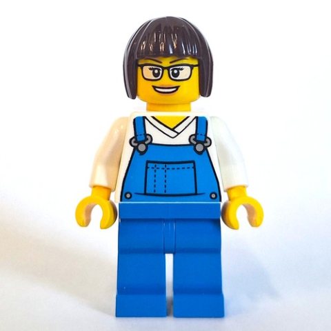 Minifigurka LEGO Woman, Blue Overalls, Dark Brown Hair
