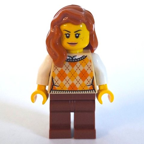 Minifigurka LEGO Woman, Tan Sweater, Reddish Brown Legs, Dark Orange Hair