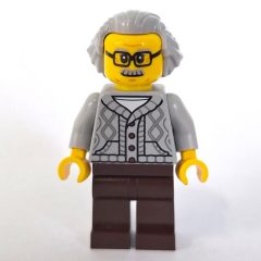 Minifigurka LEGO Man, Light Bluish Gray Cardigan, Dark Brown Legs, Light Bluish Gray Hair