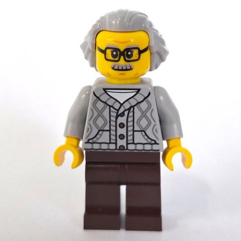 Minifigurka LEGO Man, Light Bluish Gray Cardigan, Dark Brown Legs, Light Bluish Gray Hair
