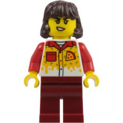 Minifigurka LEGO Pizza Worker, Dark Red Legs, Dark Brown Hair