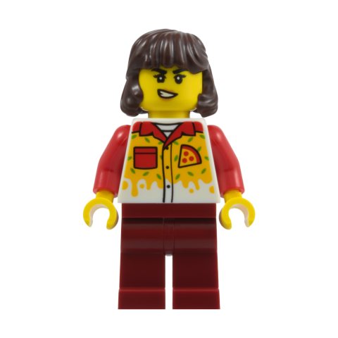 Minifigurka LEGO Pizza Worker, Dark Red Legs, Dark Brown Hair