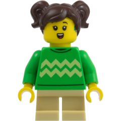 Minifigurka LEGO Girl, Bright Green Sweater, Tan Short Legs, Dark Brown Hair
