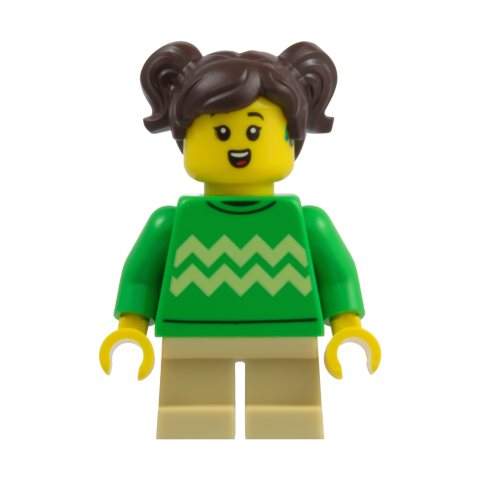 Minifigurka LEGO Girl, Bright Green Sweater, Tan Short Legs, Dark Brown Hair