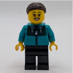 Minifigurka LEGO Woman, Dark Turquoise Hoodie, Black Legs, Dark Brown Hair