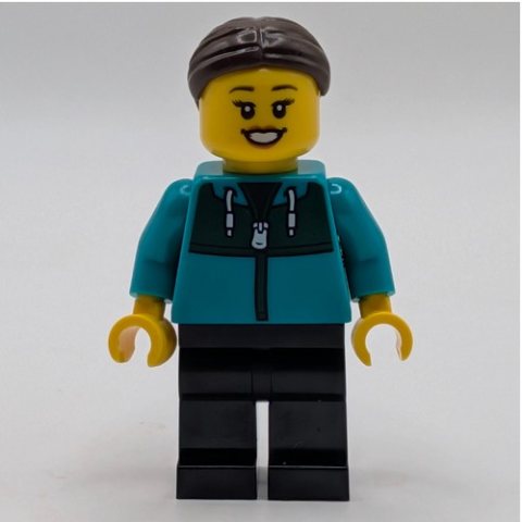 Minifigurka LEGO Woman, Dark Turquoise Hoodie, Black Legs, Dark Brown Hair