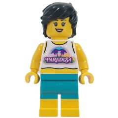 Minifigurka LEGO Woman, White Vest, Dark Turquoise Shorts, Black Hair