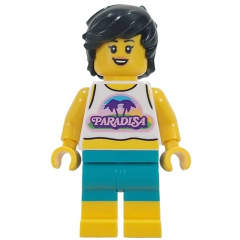 Minifigurka LEGO Woman, White Vest, Dark Turquoise Shorts, Black Hair