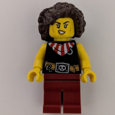 Minifigurka LEGO Pirate, Black Vest, Dark Red Legs, Dark Brown Hair