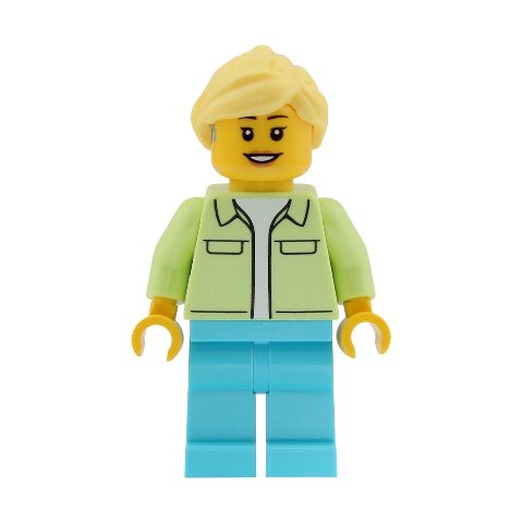 Minifigurka LEGO Yellowish Green Torso, Medium Azure Legs, Bright Light Yellow Hair