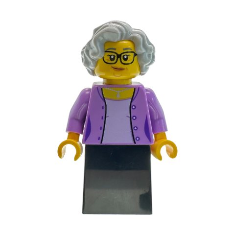 Minifigurka LEGO Fumiko, Sushi Restaurant Owner, Medium Lavender Torso, Black Dress, Light Bluish Grey Hair