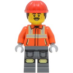 Minifigurka LEGO Construction Worker, Dark Orange Shirt, Dark Bluish Gray Legs, Red Hard Hat with Short Hair