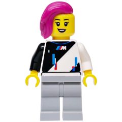 Minifigurka LEGO Race Driver, White and Blakc Race Jacket, Light Bluish Gray Legs, Magenta Hair