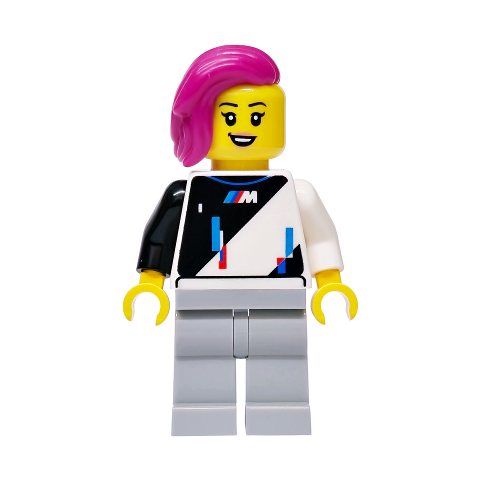 Minifigurka LEGO Race Driver, White and Blakc Race Jacket, Light Bluish Gray Legs, Magenta Hair